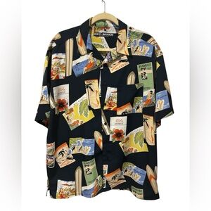 Vintage Navy Hawaiian Button Down Shirt with Retro Print